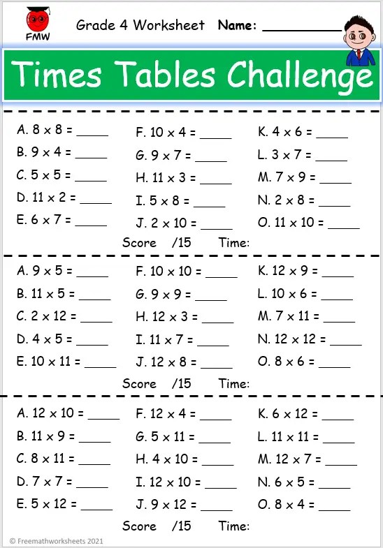 Grade 4 Times Tables Challenges | Free Worksheets | Printables