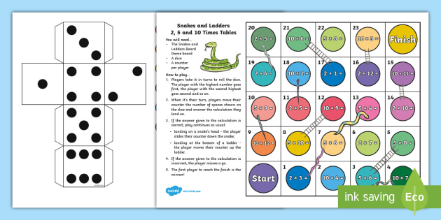 ? Snakes and Ladders with 2, 5 and 10 Times Tables Board Game