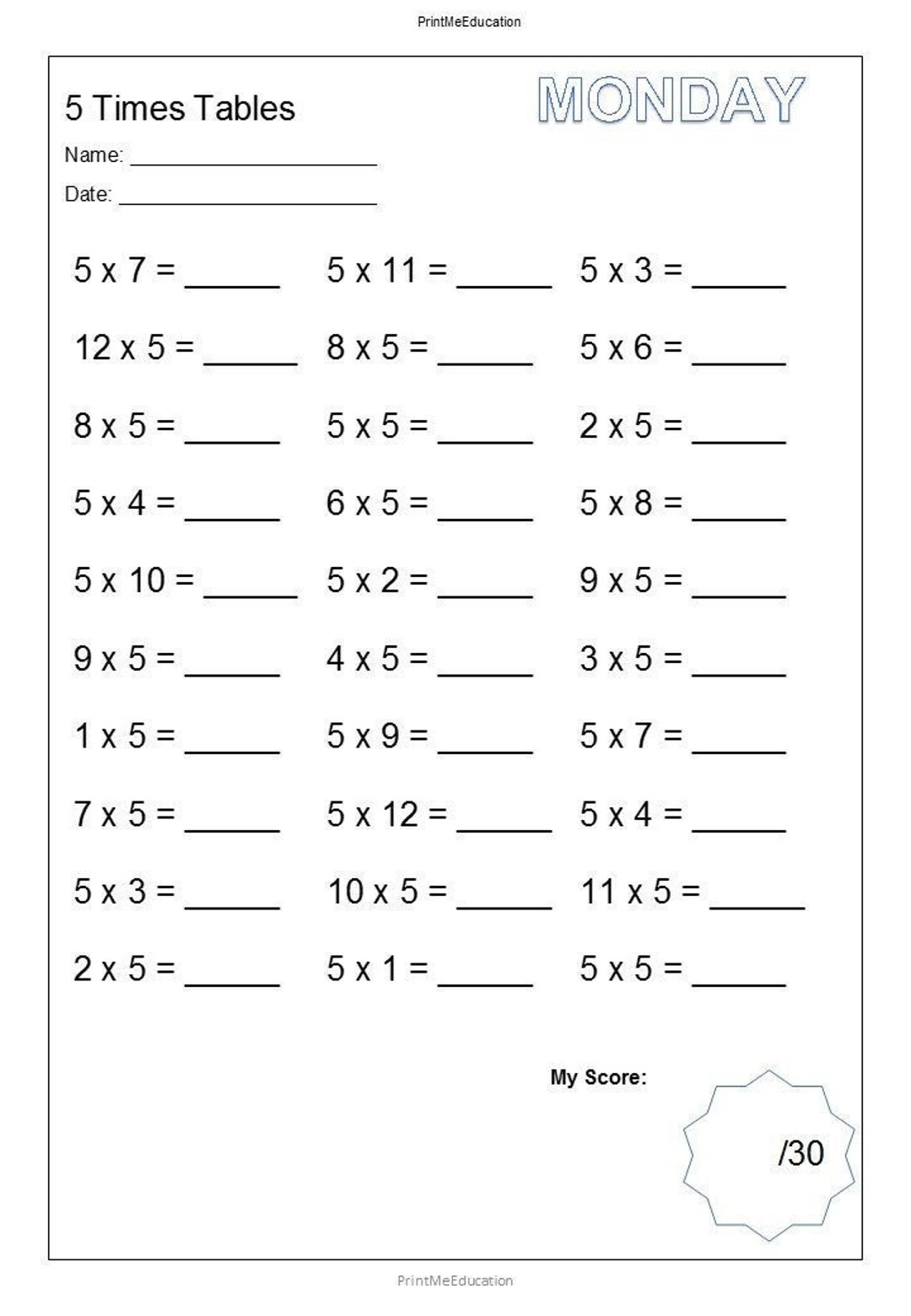 Daily Printable 5 X Times Tables Practice Worksheets With Answers 