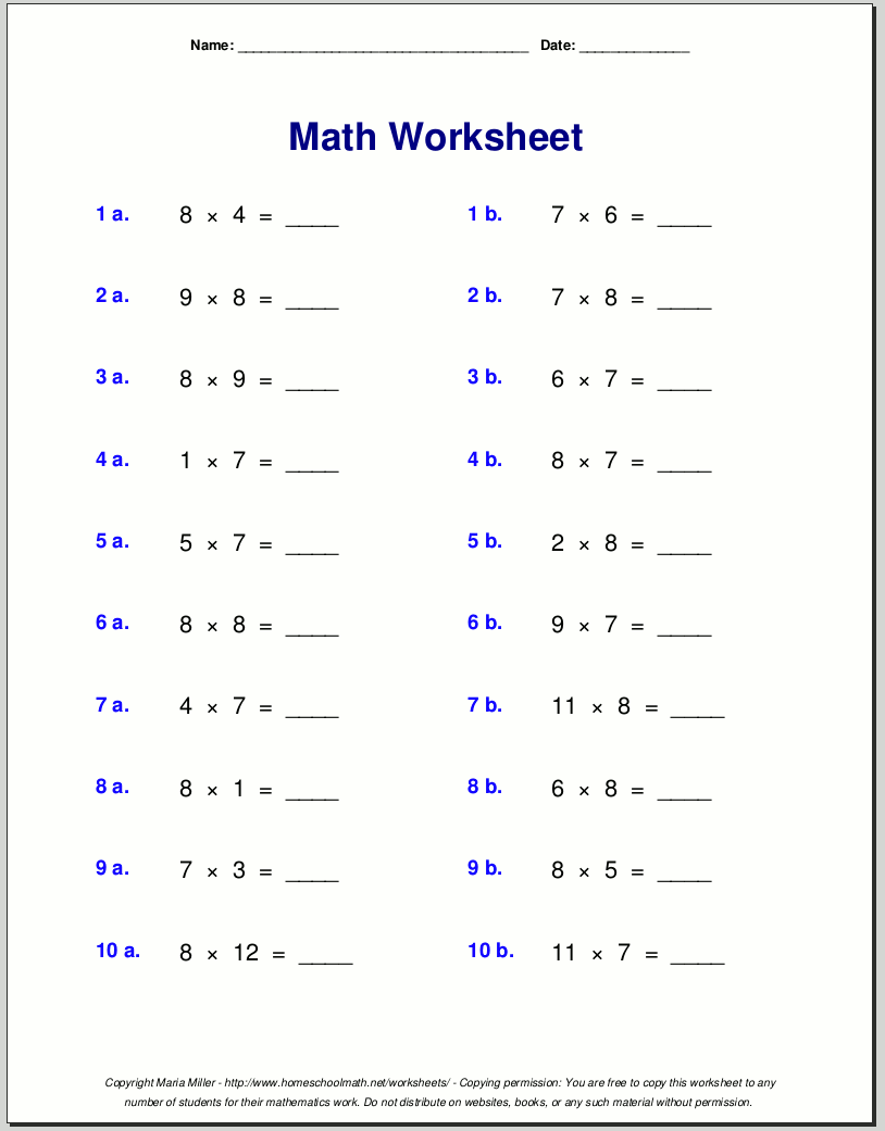 Multiplication worksheets for grade 3