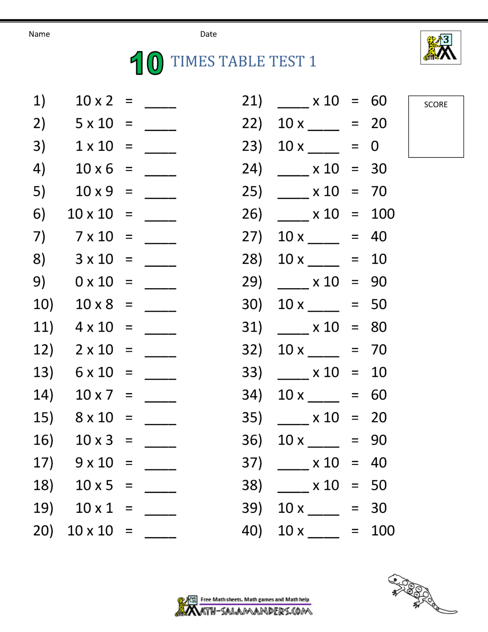 Times Table Tests - 2 3 4 5 10 Times Tables
