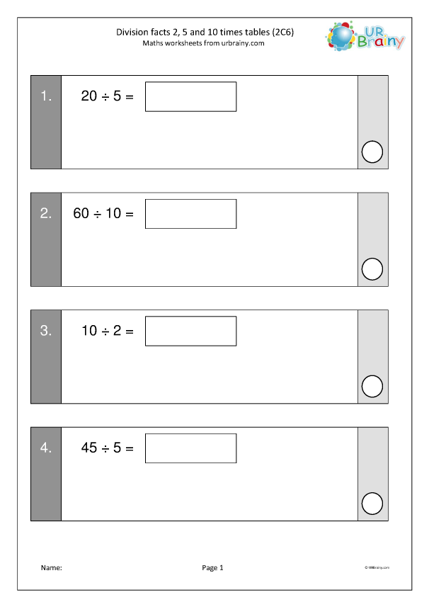 Division facts: 2, 5 and 10 times tables 1 (2C6) - KS1 Maths SAT ...
