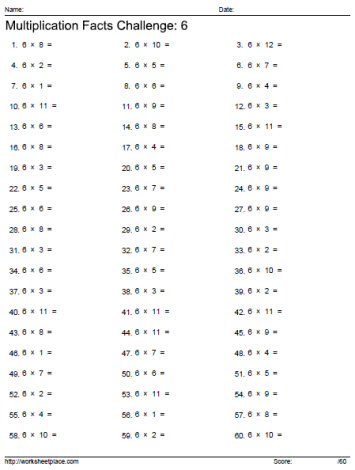 6 Times Tables Horizontal Worksheets