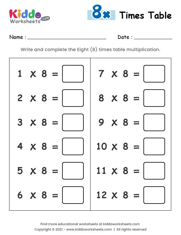 Free Printable 8 Times Table Worksheet Worksheet - kiddoworksheets