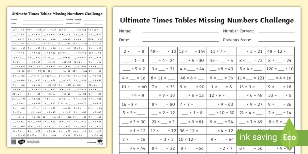 Ultimate Times Tables Missing Numbers Challenge Worksheet