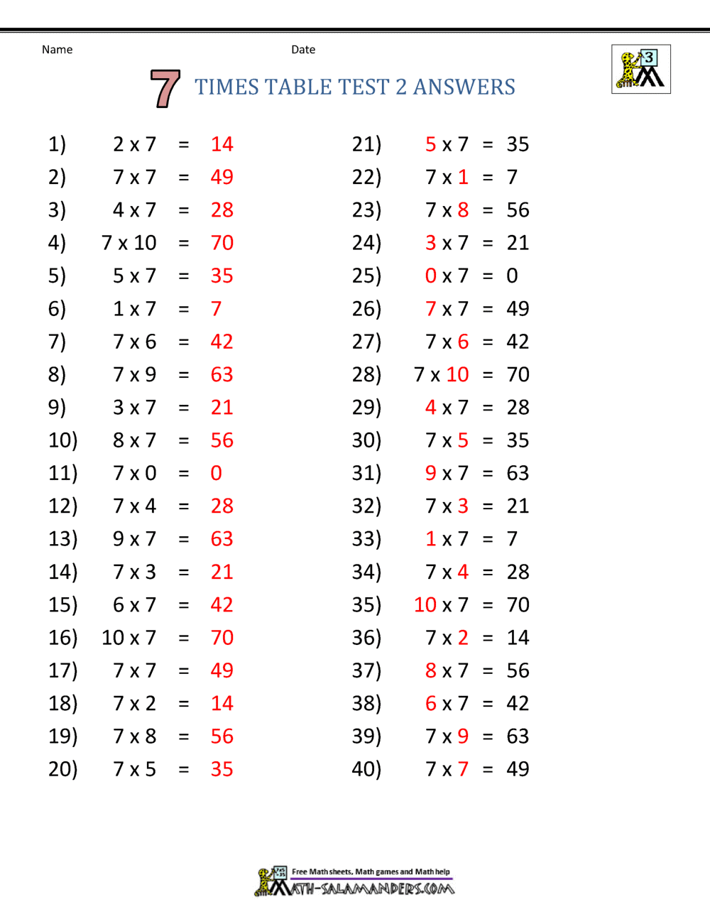 Free Times Table Worksheets - 7 Times Table