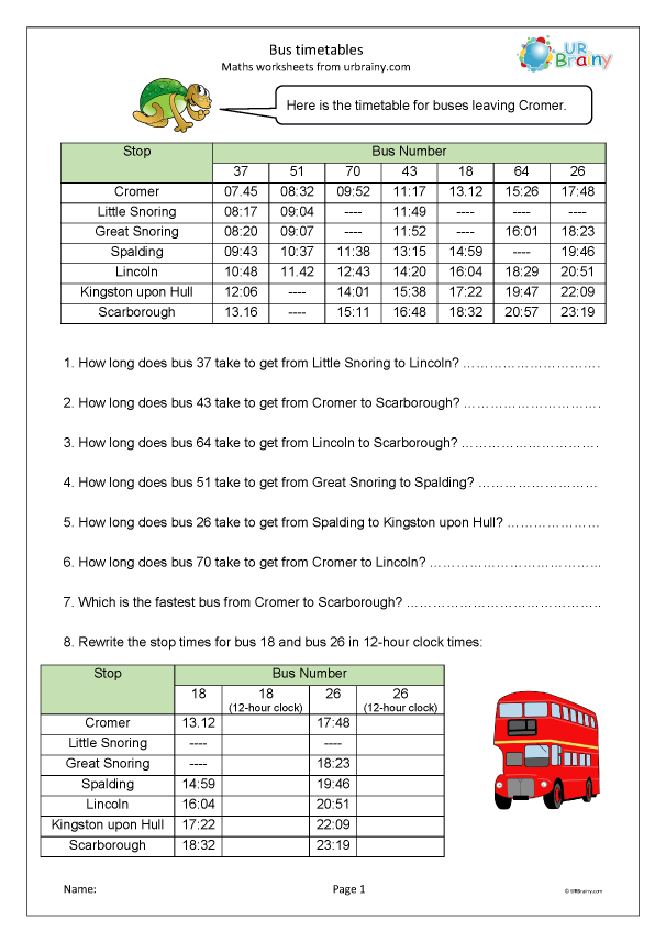 Bus timetables - Statistics (Handling Data) for Year 5 (age 9-10 ...