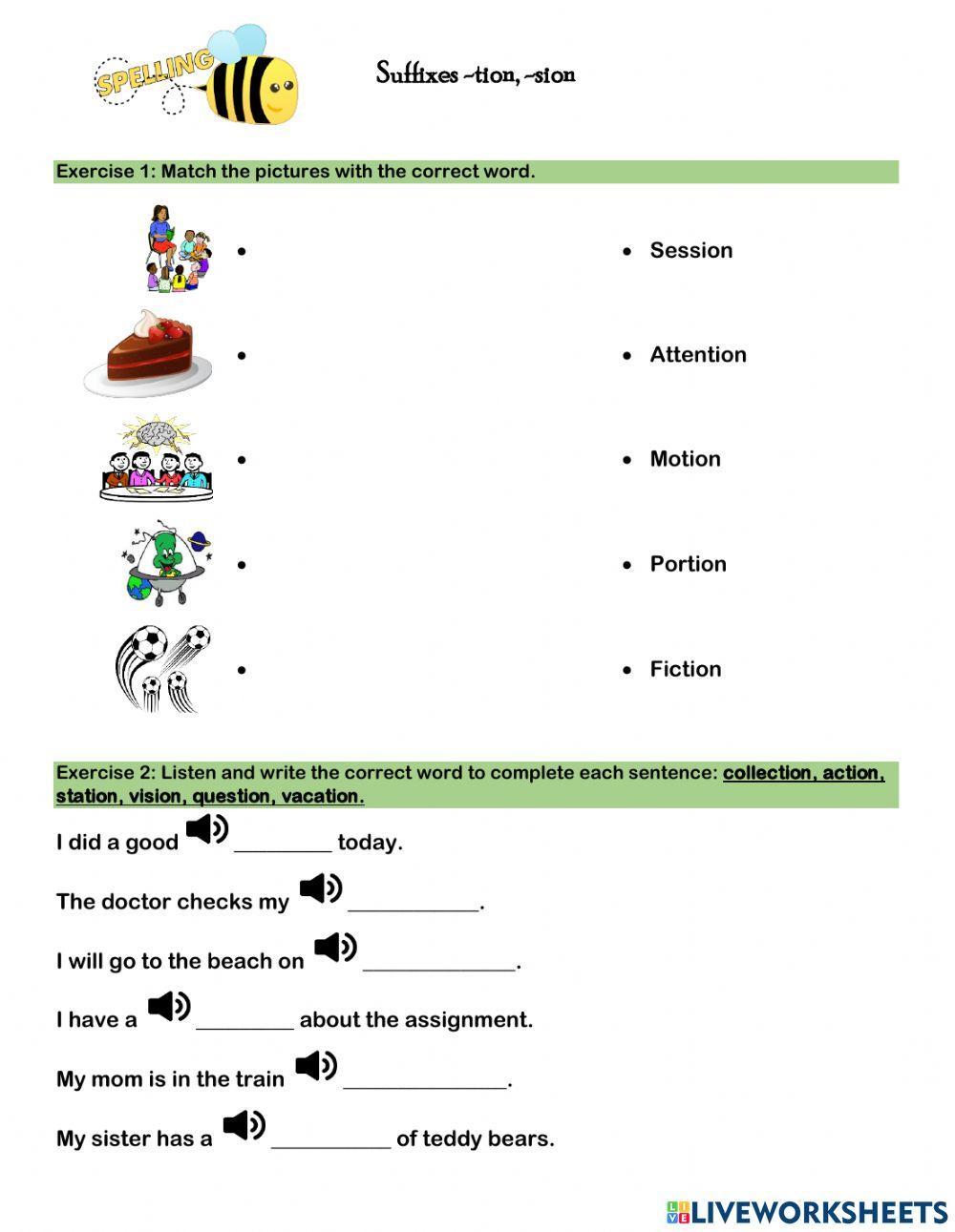 Suffixes -tion, -sion worksheet  