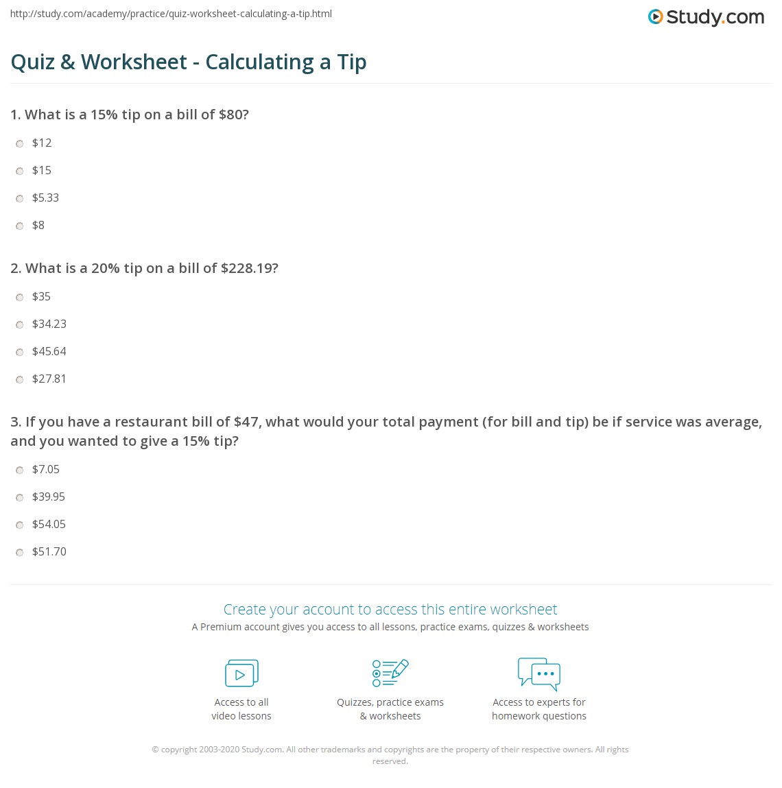 Quiz &  Worksheet - Calculating a Tip | Study.com