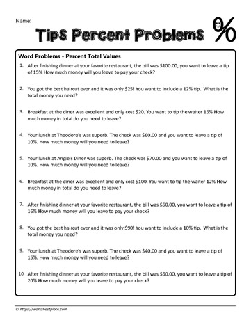 Percentage Tipping Problems 15 Worksheets