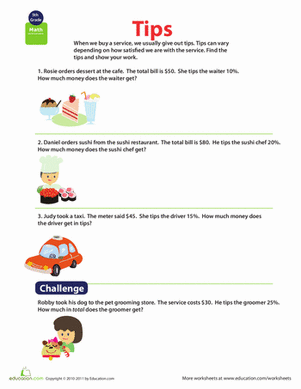 Money Math: Calculate Tips | Worksheet 