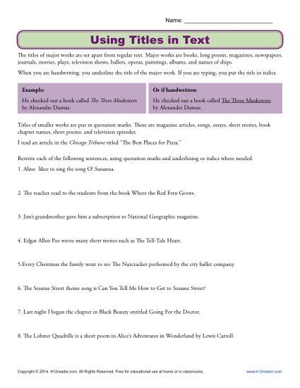 titles of works worksheet