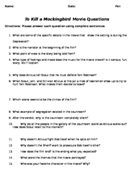 To Kill a Mockingbird Movie worksheet/questions