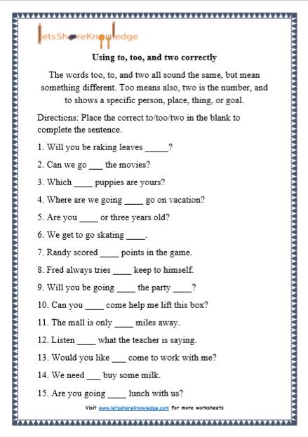 Grade 1 Grammar: Using to, too and two printable worksheets - Lets ...