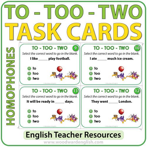 Homophones To, Too, and Two Printable Worksheet with Answer Key
