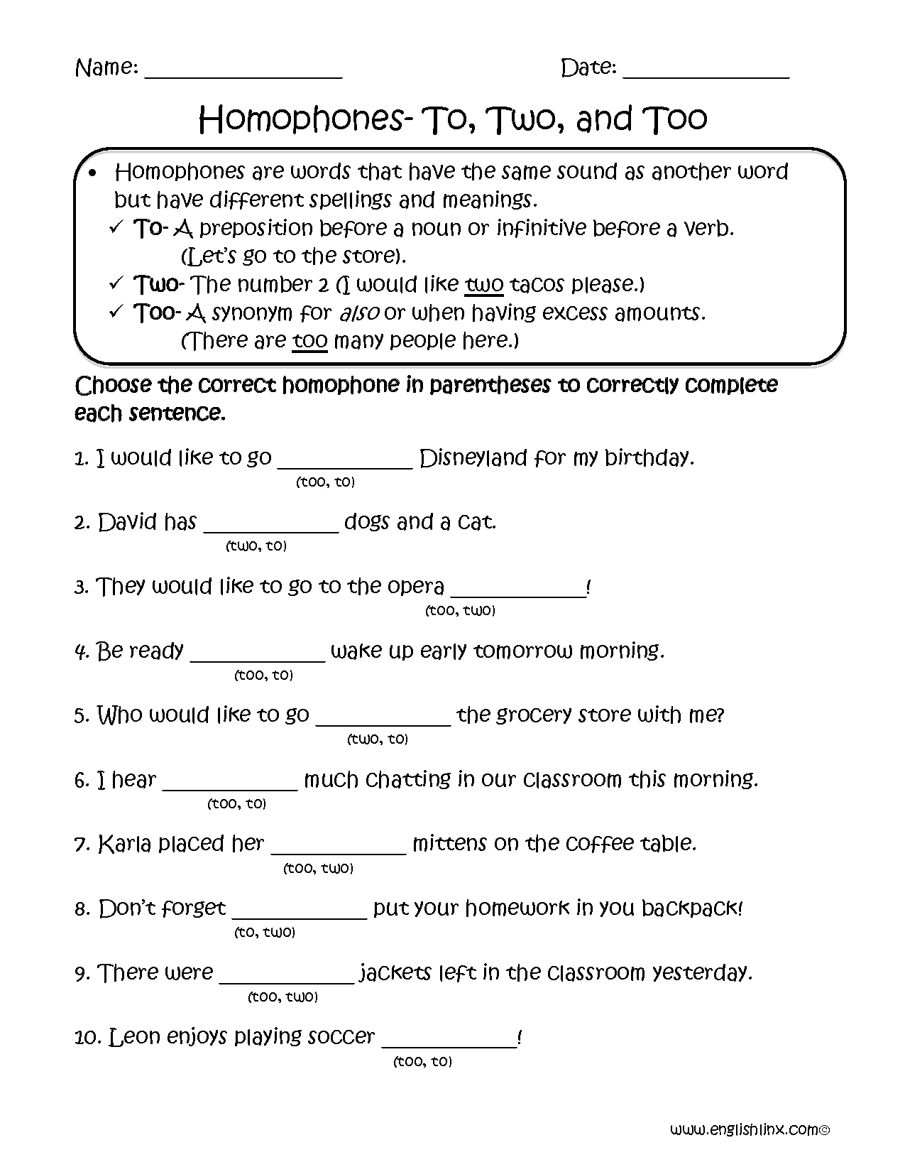 to two and too worksheet