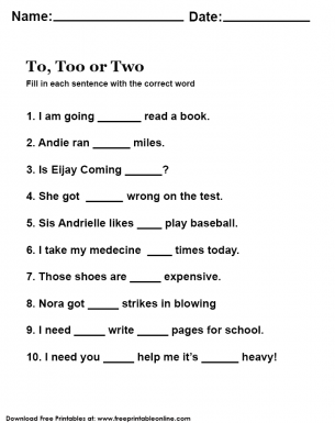 to two and too worksheet