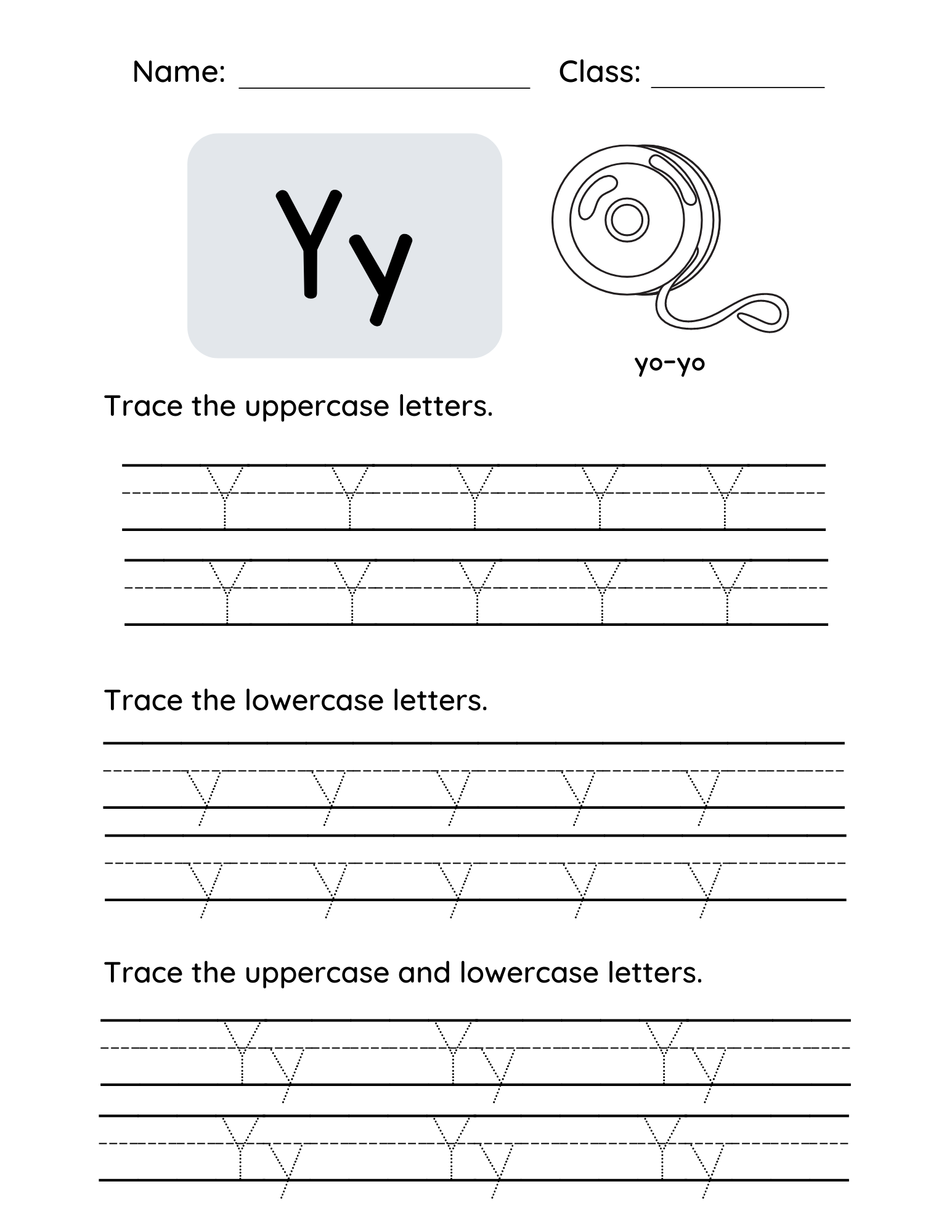 Letter Y Tracing Worksheets for Toddlers and Preschool Children