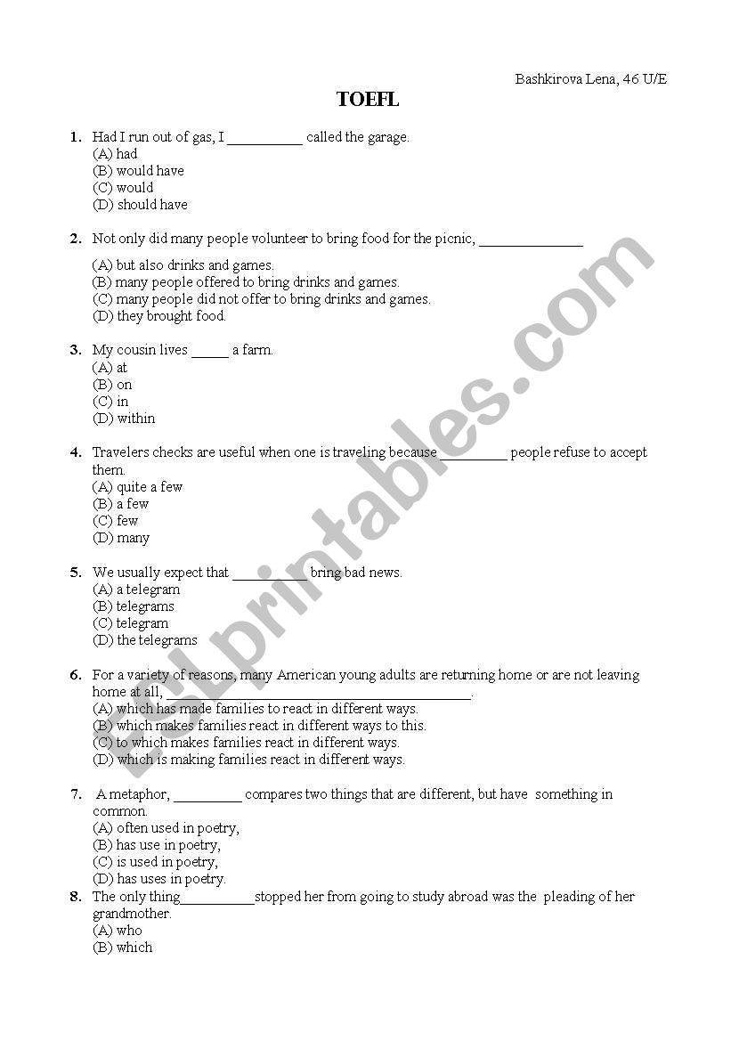 TOEFL exercises - ESL worksheet by mily88