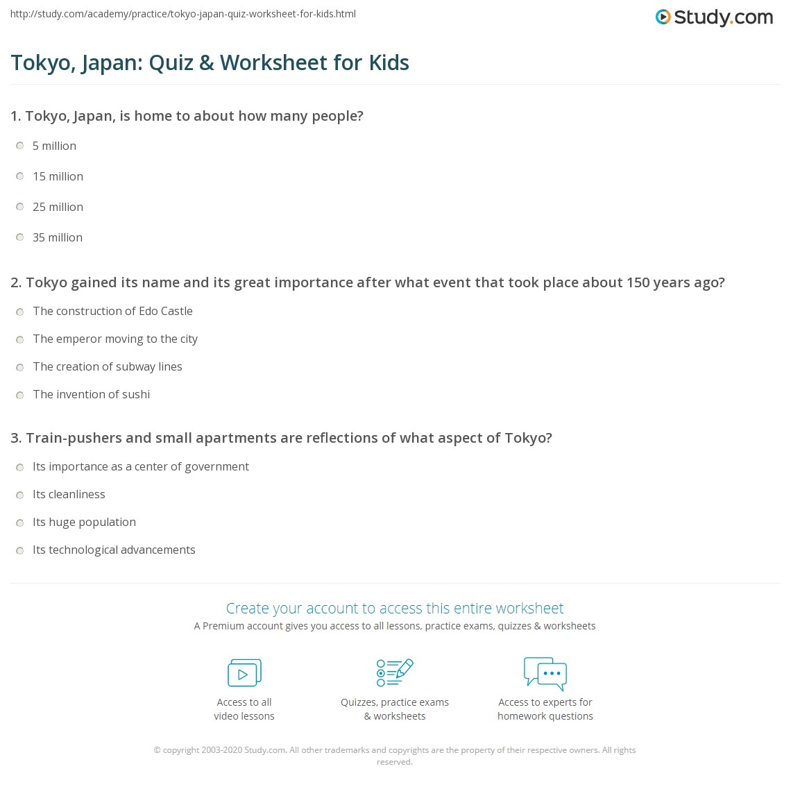 Tokyo, Japan: Quiz &  Worksheet for Kids | Study.com