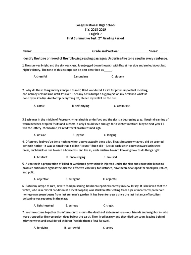 tone and mood worksheet