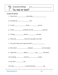 too two to worksheet