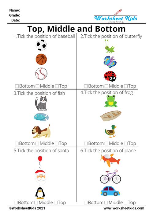Position worksheets and spatial awareness activities - Free printable