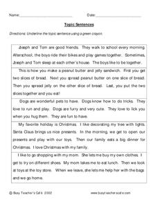 Topic Sentences Worksheet for 3rd Grade | Lesson Planet