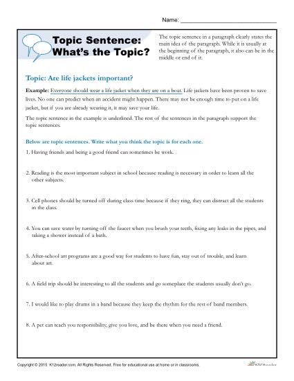 Topic Sentence: Whats the Topic? | Writing Worksheet