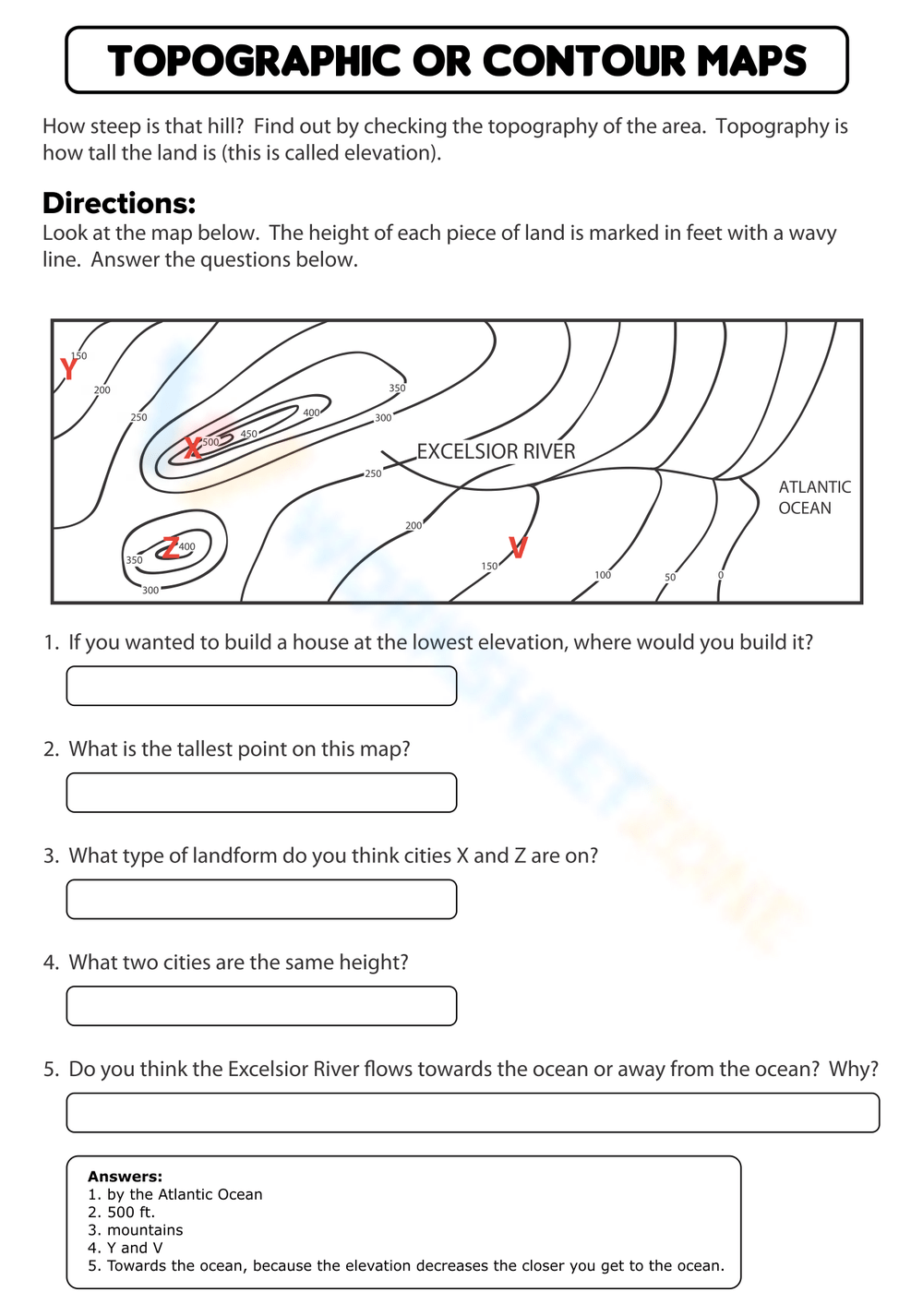 topographic map worksheet answers