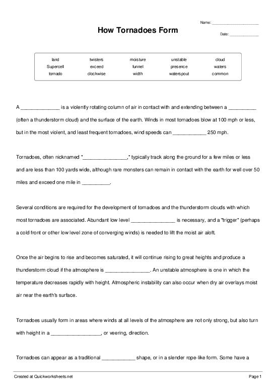 How Tornadoes Form - Cloze Test Worksheet - Quickworksheets
