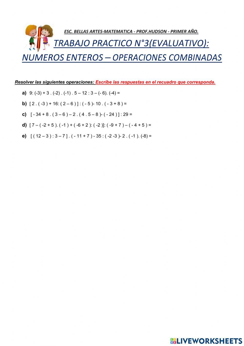 TPN°3 OPeraciones combinadas en Z worksheet  