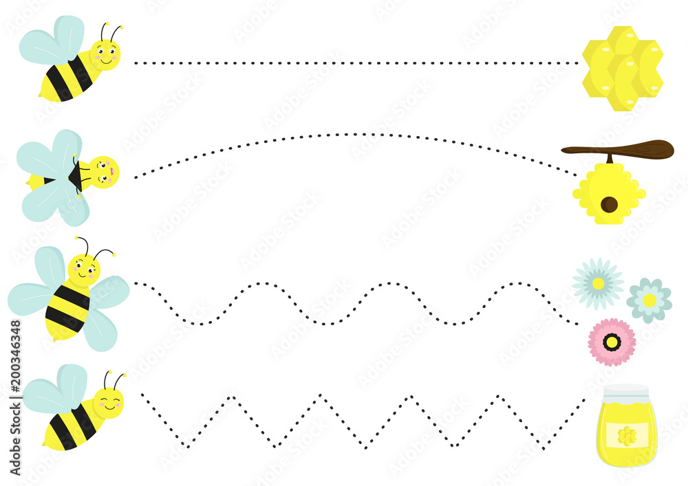 Trace line worksheet for preschool kids. Funny cartoon bees ...