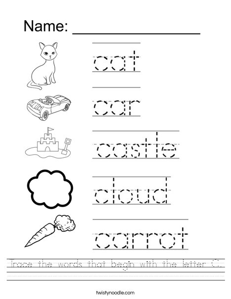 Trace the words that begin with the letter C Worksheet - Twisty Noodle