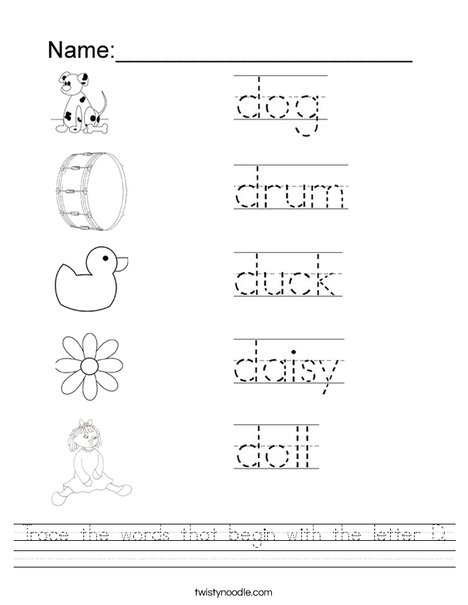 Trace the words that begin with the letter D Worksheet - Twisty Noodle