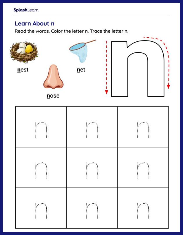 Color and Trace Lowercase n - Printable Writing Worksheet