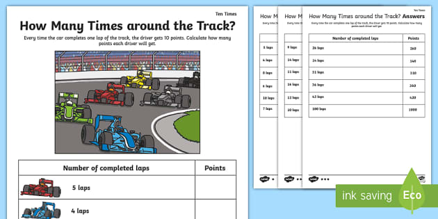 How Many Times Around the Track 10 Times Table Worksheet / Worksheet