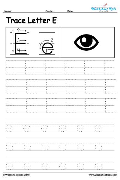 Letter E alphabet tracing worksheets - Free printable PDF