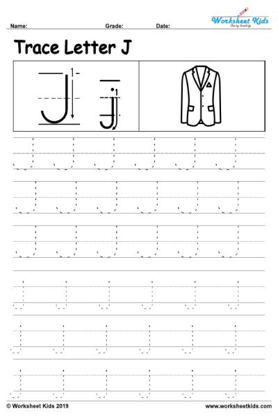 Letter J alphabet tracing worksheets - Free printable PDF
