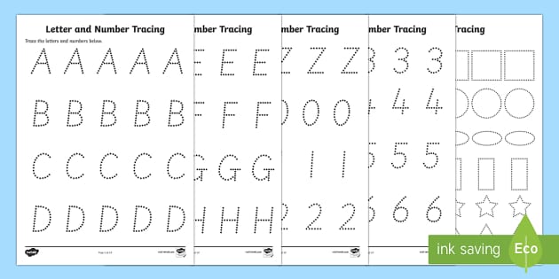 Letters Numbers and Shapes Tracing Worksheets (teacher made)