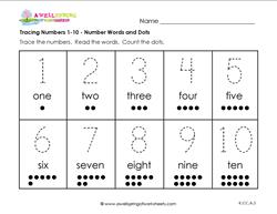 Tracing Numbers 1-10 - Number Words and Dots - Kindergarten Numbers