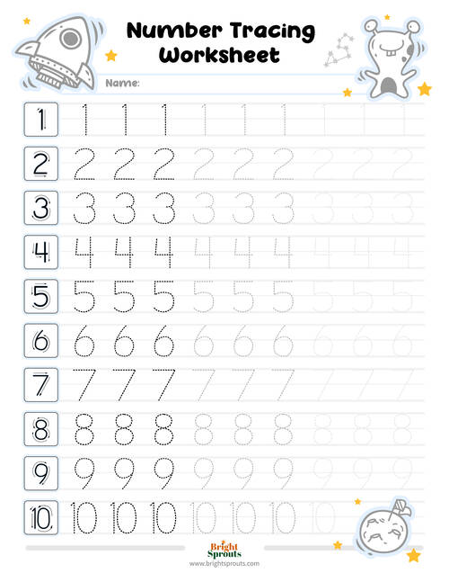 tracing numbers 1 10 worksheet kindergarten