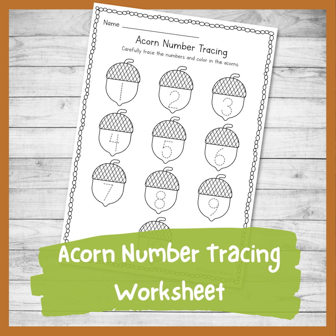 Acorn Number Tracing Worksheet 110 (Fall Kindergarten Printable
