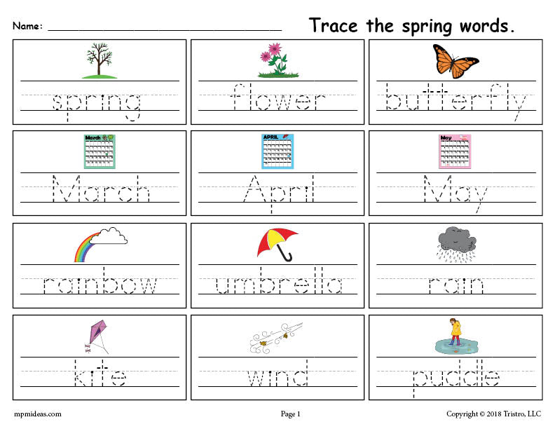 Printable Spring Words Handwriting &  Tracing Worksheet!