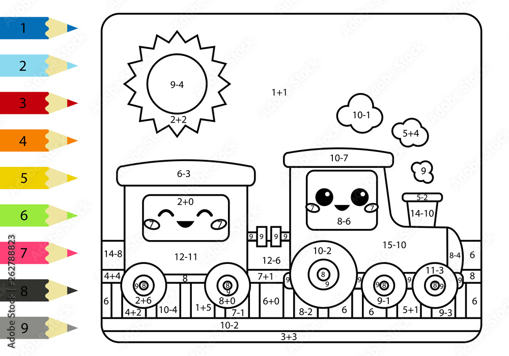 Coloring page by addition and subtraction numbers. Vector kawaii ...