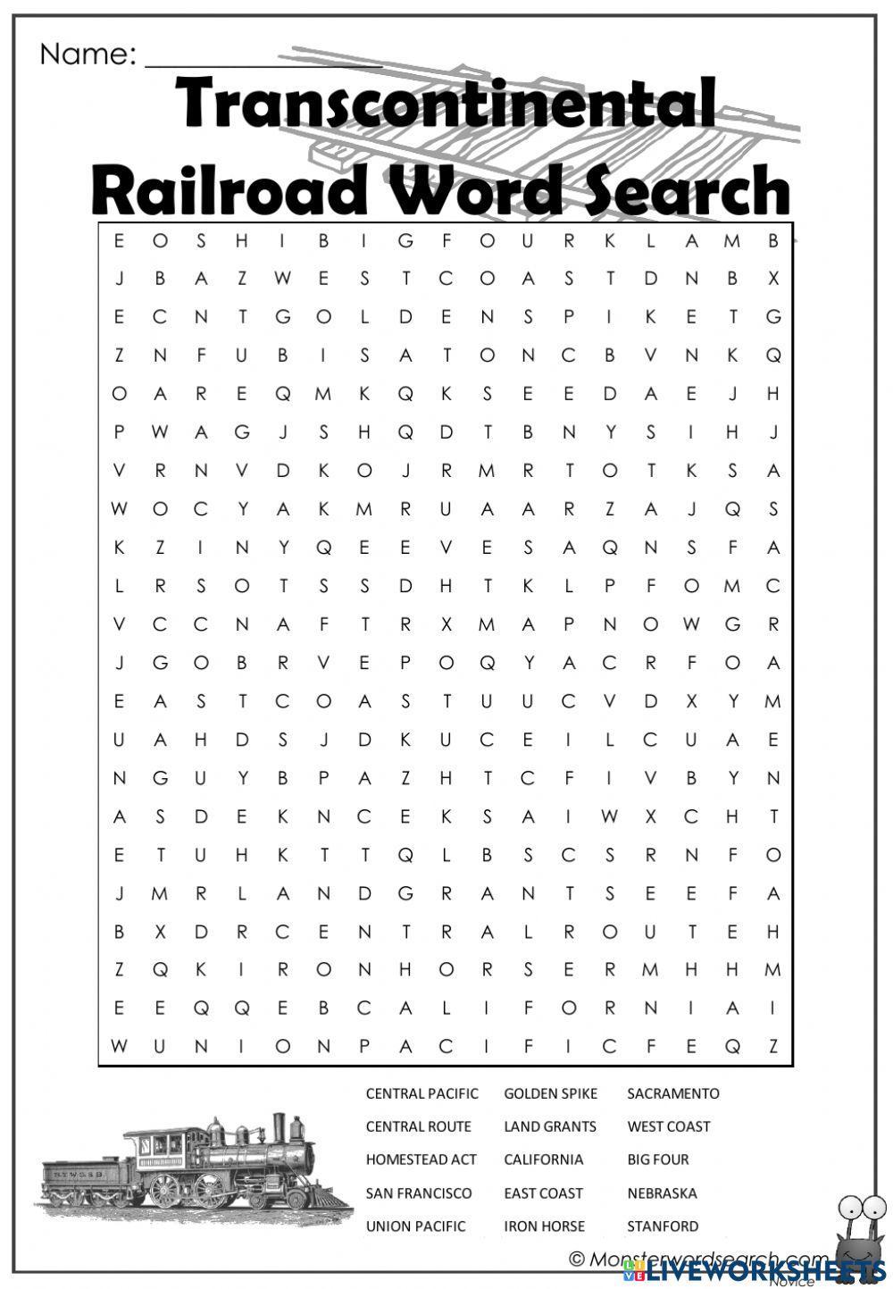 Transcontinental Railroad Word Search worksheet Live Worksheets