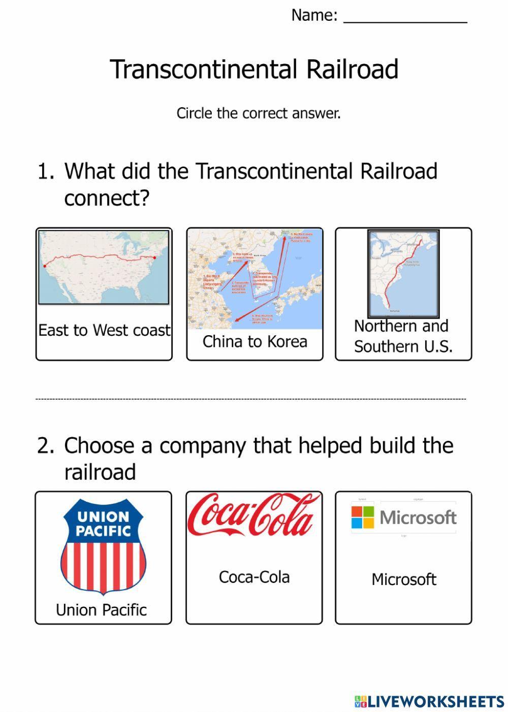 Transcontinental Railroad Worksheet for 4th 5th Grade Lesson