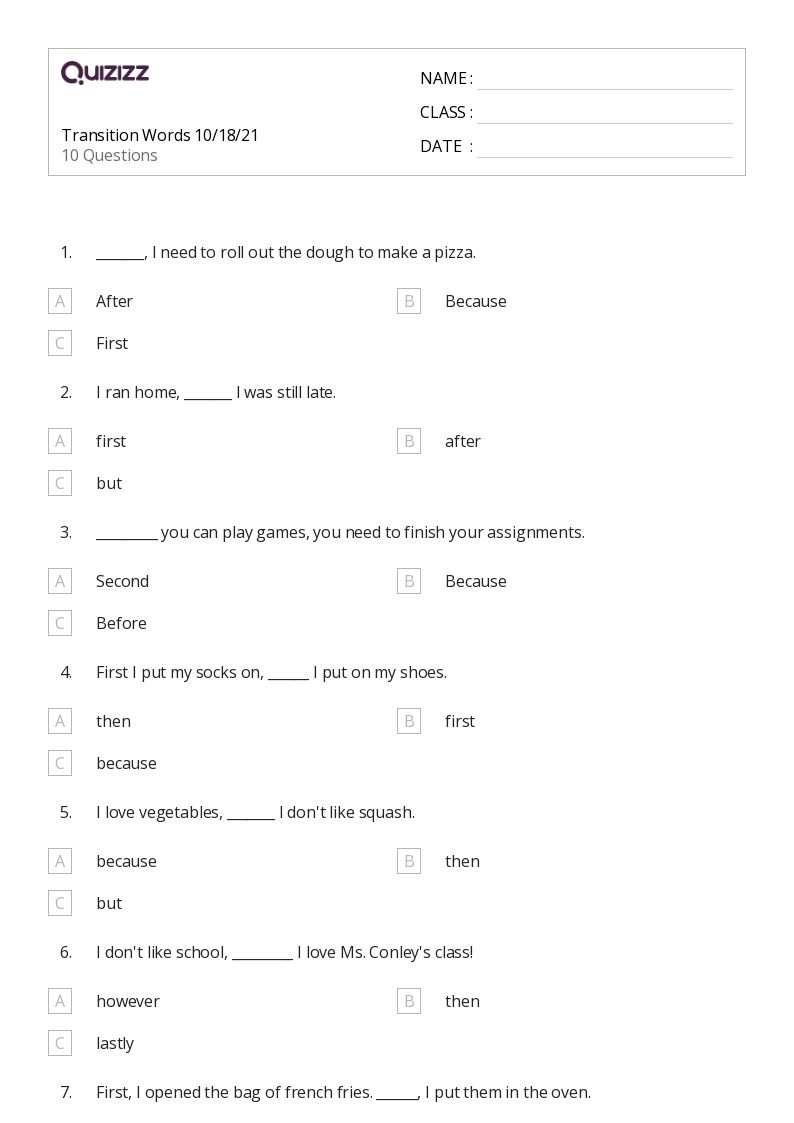 transition word worksheet