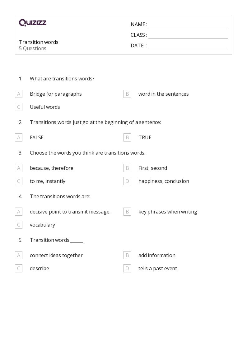 50+ Transition Words worksheets for 1st Grade on Quizizz | Free ...