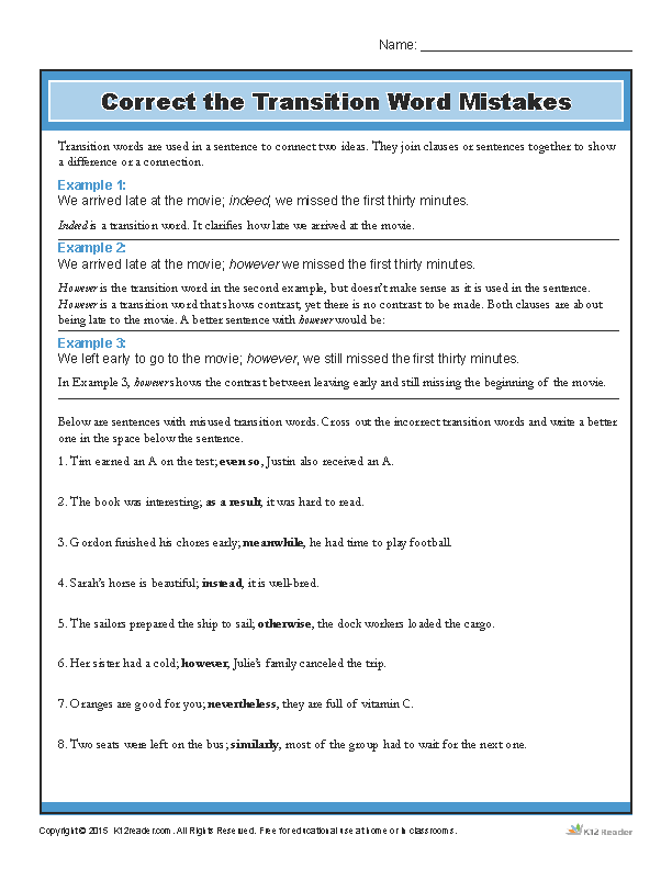 Correct the Transition Words Mistakes | Transition Words Worksheet